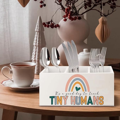 Teacher Appreciation Gifts, Boho Rainbow Teacher Wooden Pen Pencil Holder for Office Desk, Back to School Supplies Gifts for Teachers, It's a Good Day to Teach Tiny Humans