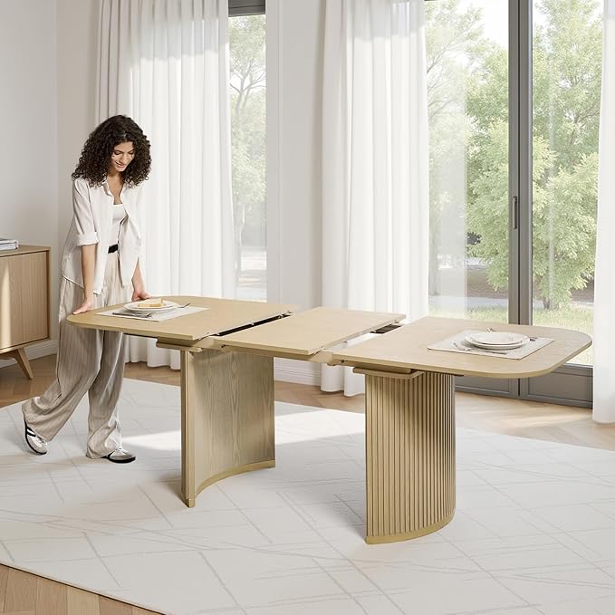 HULALA HOME 60"-80.75" Extendable Dining Table, Solid Wood Kitchen Table with Removable Leaf, Fluted Base, Mid-Century Modern Home Office Desk for Dining Living Working Room-Natural