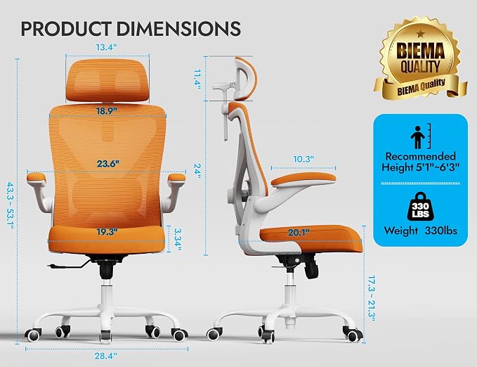 Ergonomic Office Chair - Mesh Desk Chair with Adjustable Lumbar Support High Back Computer Gaming Chairs - Big and Tall Office Chairs Adults, Comfortable for Long Hours, Orange