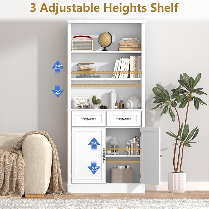 Thacuok 72'' Tall Bookcase with Doors and Drawers, Adjustable Shelves, P2 MDF Construction, 32'' Wide Freestanding Cabinet with Metal Handles, Hidden Storage for Living Room, Bedroom