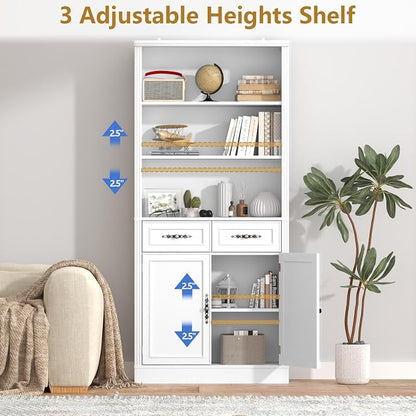 Thacuok 72'' Tall Bookcase with Doors and Drawers, Adjustable Shelves, P2 MDF Construction, 32'' Wide Freestanding Cabinet with Metal Handles, Hidden Storage for Living Room, Bedroom