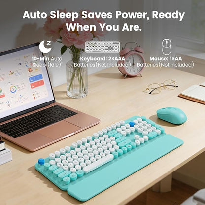 Wireless Keyboard and Mouse Combo with Magnetic Wrist Rest, Round Keycaps, Full-Size Retro Typewriter-Style Keyboard, Two-Stage Tilt Legs, Auto-Sleep, 2.4GHz Wireless for Windows PC Laptop, Aqua Blue