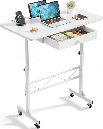 COMHOMA Small Standing Desk with Storage Drawer, Mobile Height Adjustable Rolling Sit Stand Desk with Lockable Wheels 4‑Level Portable Laptop Desk for Small Space Home Office Treadmill Workstation