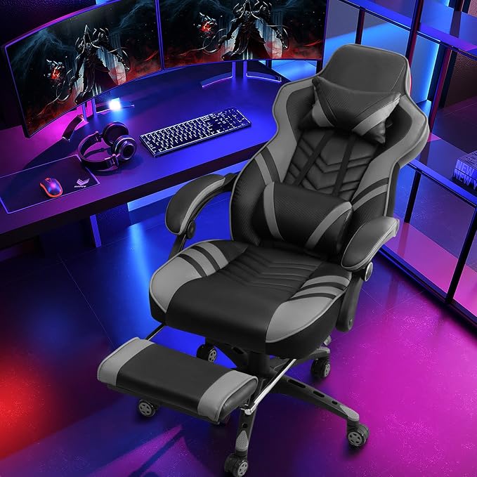 Goplus Gaming Chair, Computer Chair with Footrest and Lumbar Support, Height Adjustable Executive Swivel Rolling Task Chair with 90°-155° Tilt Function (Grey)
