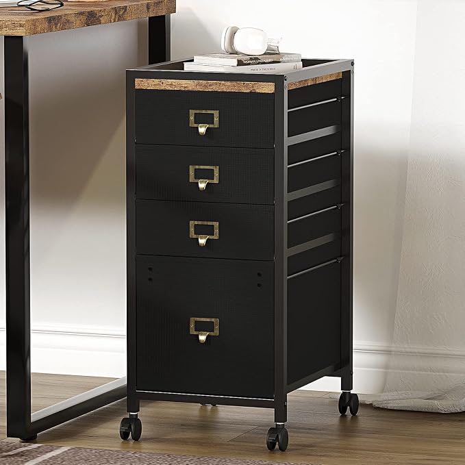 IDEALHOUSE 4 Drawer File Cabinet, Mobile Filing Cabinet Rolling Printer Stand Fits A4 or Letter Size, Fabric Vertical File Cabinet with Wheels, Under Desk Storage Cabinet for Home Office, Black