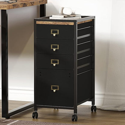 IDEALHOUSE 4 Drawer File Cabinet, Mobile Filing Cabinet Rolling Printer Stand Fits A4 or Letter Size, Fabric Vertical File Cabinet with Wheels, Under Desk Storage Cabinet for Home Office, Black