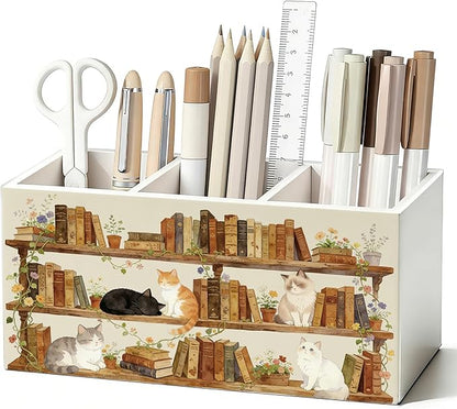 Vintage Cat Book Lover Pen Pencil Holder for Desk, Book Lover Reader Gifts, Cat Gifts for Women Men, Bookish Wooden Box Sign Decorations for Reading Corner Nook Room Classroom Desk