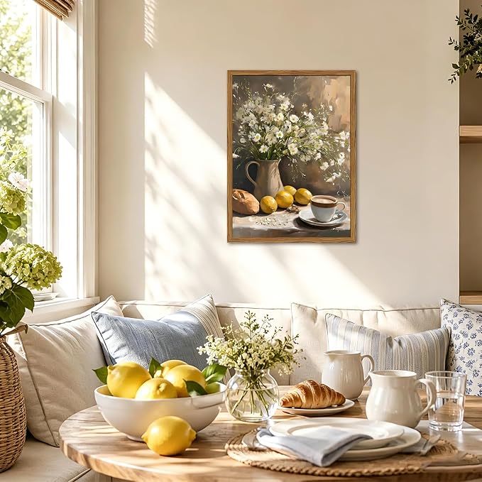 Framed Vintage Kitchen Wall Art, Rustic Floral Lemon Pictures Wall Decor, Cottagecore Coffee Bread Still Life Paintings Canvas Prints Farmhouse Home Decor for Dining Room Living Room 12x16 inch
