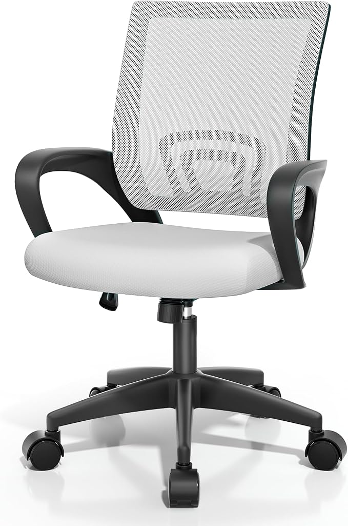 Magshion Ergonomic Office Desk Chair, Mid-Back Mesh Computer Chair, Swivel Chair with Breathable Backrest & Lumbar Support, Adjustable Height for Gaming, Work, Study, 300 Lbs Capacity, White