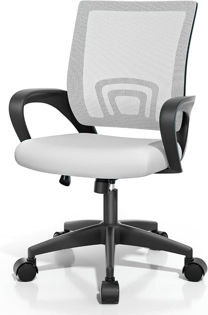 Magshion Ergonomic Office Desk Chair, Mid-Back Mesh Computer Chair, Swivel Chair with Breathable Backrest & Lumbar Support, Adjustable Height for Gaming, Work, Study, 300 Lbs Capacity, White