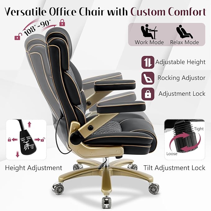 Big and Tall Office Chair 500lbs, Heavy Duty Leather Chair with 5D Armrests Comfortable Seat, High Back Executive Office Chair with Adjustable Lumbar, Large Computer Chair for Home Office, Black