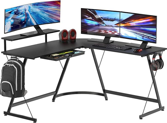 SHW 51 x 51 Inches Vista L-Shaped Desk with Monitor Stand and Drawer, Black