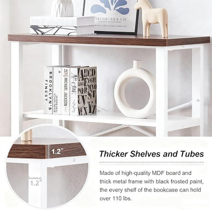 HOMBAZAAR 3 Tier Bookshelf,White Brown Industrial Book Shelf,Engineered Wood and Metal Small Bookcases,Low Shelf Bookcase for Living Room,Office,Bedroom and Kitchen