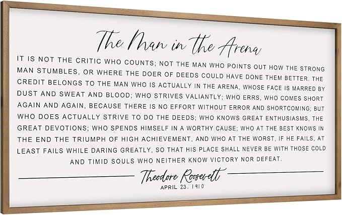 flangairy The Man In The Arena Wall Art Framed 32.3x16.5inch, Wood Motivational Wall Art for Men, Inspirational Office Decor