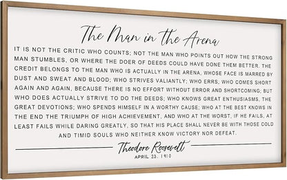 flangairy The Man In The Arena Wall Art Framed 32.3x16.5inch, Wood Motivational Wall Art for Men, Inspirational Office Decor