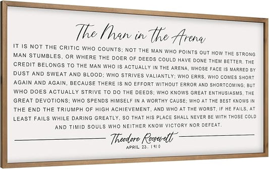 flangairy The Man In The Arena Wall Art Framed 32.3x16.5inch, Wood Motivational Wall Art for Men, Inspirational Office Decor