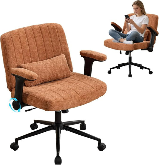 IPKIG Criss Cross Chair with Adjustable Flip-up Arms, Vanity Chair with Wheels, Comfy Desk Chair with Lumbar Pillow Swivel Wide Office Chair for Home Office, Bedroom, Chenille, Orange