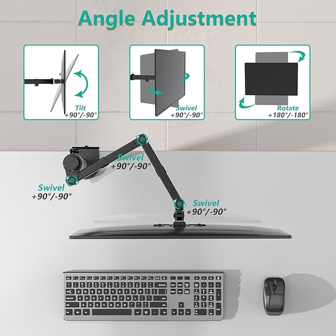 WALI Single Monitor Mount, Single Monitor Arm Desk Mount, Up to 32 inch Ultrawide, Regular Screens up to 27 inches, 22lbs, Adjustable Mount with C-CLAMP for Home Office Application(M001), Black