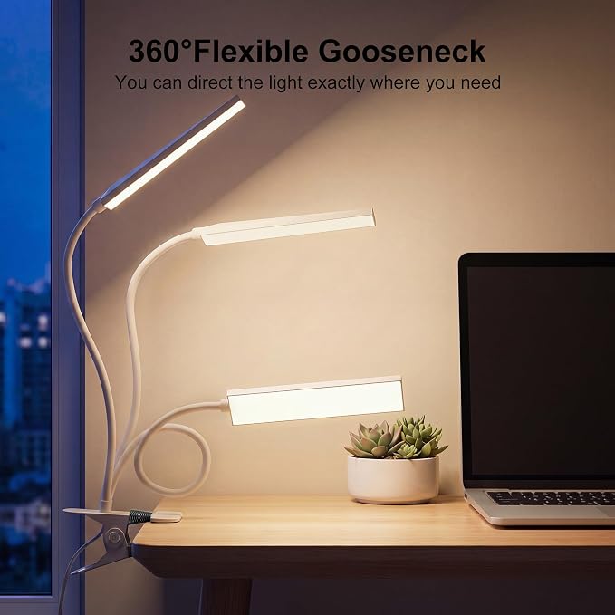 Vansuny Clip on Light LED Desk Lamp with Metal Clip, 6 Level Brightness 3 Color Modes, Power by USB Port 5W Adjustable Neck Eye-Caring Reading Light for Home and Office, White