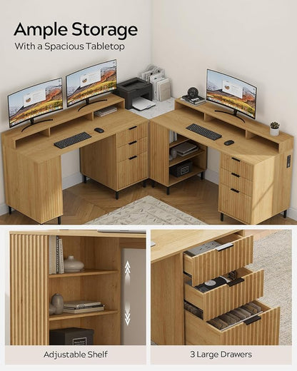 EYYTHUNG Fluted Executive Desk with Charging Station, 55" Modern Wood Office Desk with Monitor Stand & File Drawer, Home Writing Study Computer Table for Work Study, Natural Oak