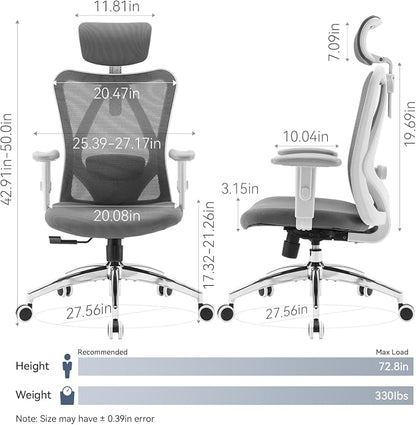 SIHOO M18 Ergonomic Office Chair, Computer Desk Chair with Adjustable Headrest and Lumbar Support, High Back Executive Swivel Chair for Home Office (Dark Gray)