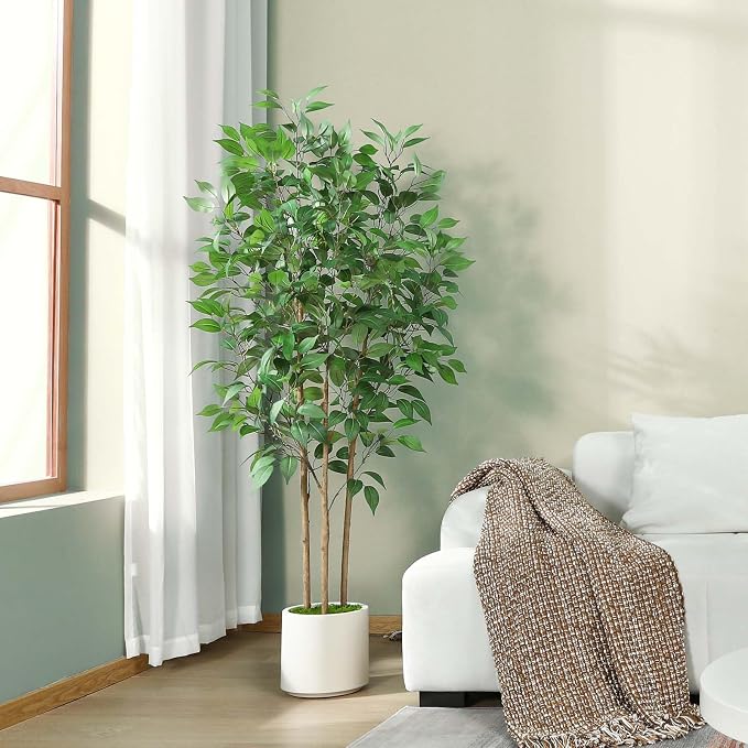 SOGUYI Ficus Artificial Tree 5ft Tall Fake Ficus Tree for Home Decor Indoor Faux Silk Ficus Plant Fake Floor Plant in White Imitation Ceramic Planter with Green Fake Moss, Set of 1