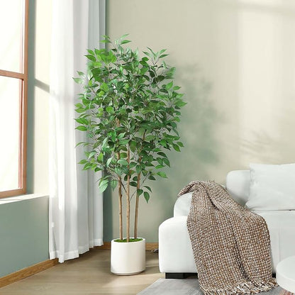 SOGUYI Ficus Artificial Tree 5ft Tall Fake Ficus Tree for Home Decor Indoor Faux Silk Ficus Plant Fake Floor Plant in White Imitation Ceramic Planter with Green Fake Moss, Set of 1