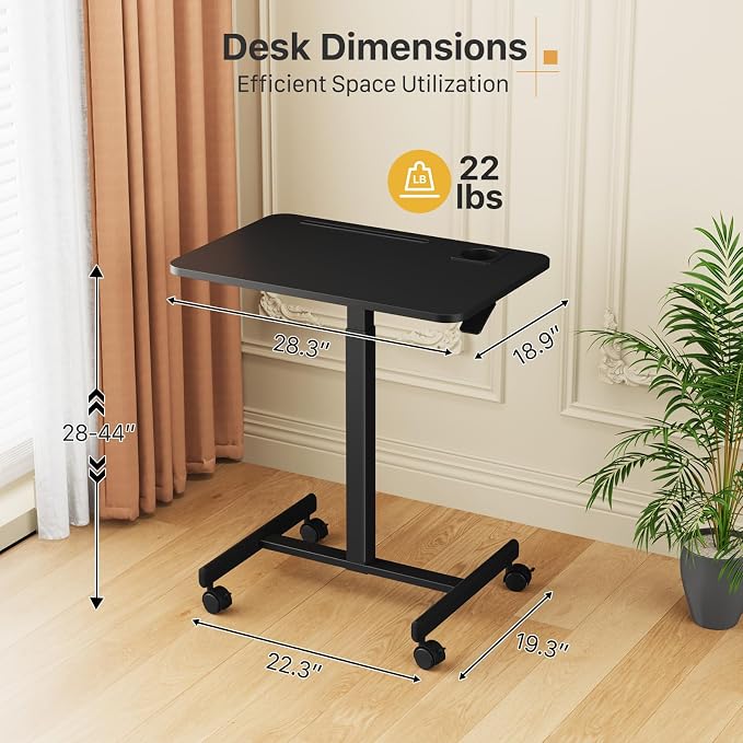 Mobile Standing Desk, Rolling Laptop Cart Adjustable Height with Cup Holder, 28 inch Portable Table with 4 Lockable Wheels, Black Computer Workstation with Hook and Slots for Home Office