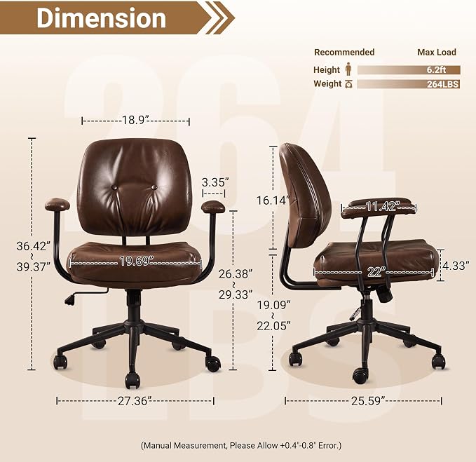 Ergonomic Home Office Chair, Mid-Century Faux Leather Home Office Desk Chairs with Wheels, Office Computer Chair with Rocking Swivel (Coffee,PU Leather)