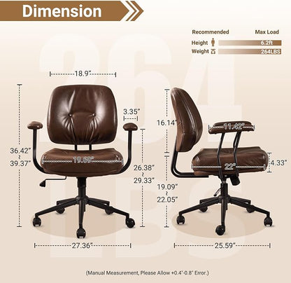 Ergonomic Home Office Chair, Mid-Century Faux Leather Home Office Desk Chairs with Wheels, Office Computer Chair with Rocking Swivel (Coffee,PU Leather)