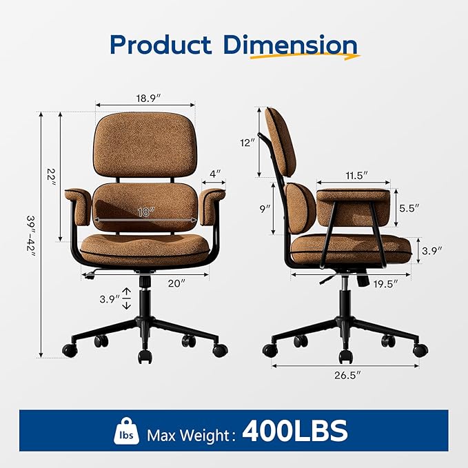 HomeZeer Brown Office Chair, Memory Foam Seat Mid Century Modern Desk Chair | 3.9" Sloped U-Shaped Memory Foam Cushion, Granular Linen Fabric, Lumbar Support, 1.2mm Sturdy Metal Tube, 400LBS Capacity