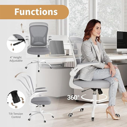 Youhauchair Office Chair, Ergonomic Home Office Desk Chairs with Flip-up Arms and Lumbar Support, Height Adjustable, Grey