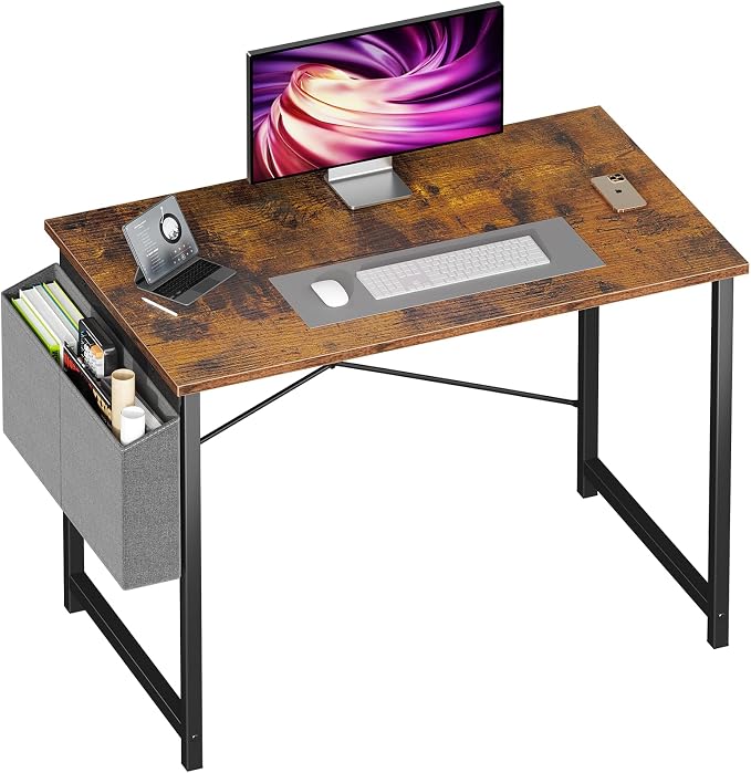 NEWBULIG 40 Inch Computer Desk Home Office Desks for Bedroom Writing Gaming Work Study Table with Storage Bag for Small Spaces, Modern Workstation in Rustic Brown