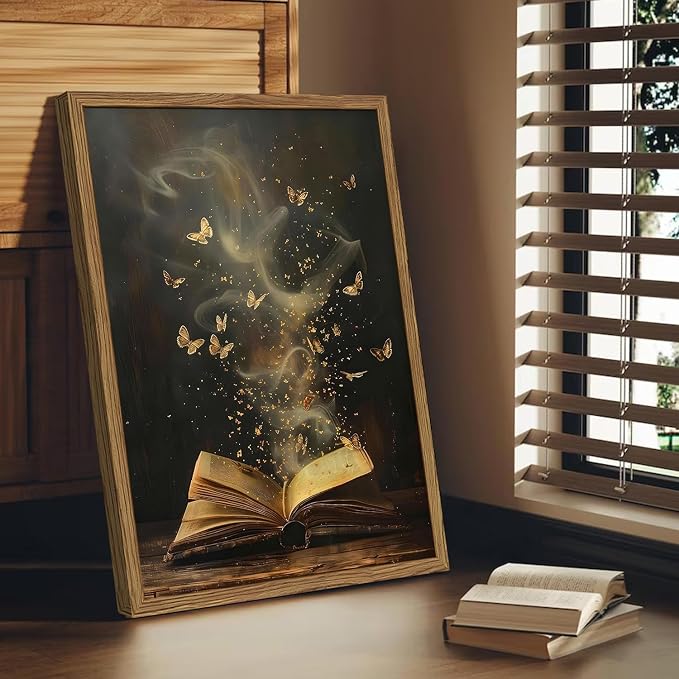 Vintage Book Butterfly Canvas Wall Art, Victorian Bookish Picture Wall Decor, Dark Academia Aesthetic Prints Paintings for Reading Nook Living Room Bedroom Office Library Bookstore 12x16 in Framed