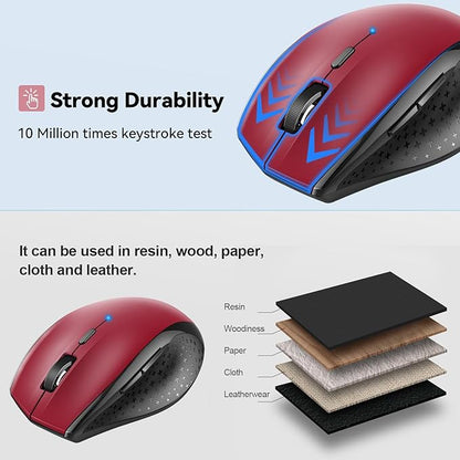 TECKNET Bluetooth Mouse, 4800 DPI Computer Mouse, 2-Year Battery Wireless Mouse 6 Adjustable DPI, 6 Buttons Compatible with Laptop/Windows/Computer(Red)