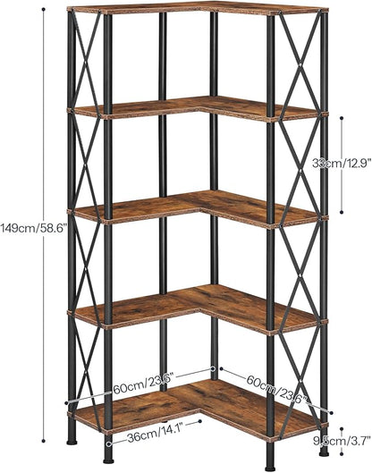 HOOBRO Corner Bookshelf, 5-Tier L-Shaped Bookcase, Industrial Open Display Shelf Tall Storage Organizer, Vertical Storage Rack, for Living Room, Home Office, Rustic Brown and Black BF60SJ01
