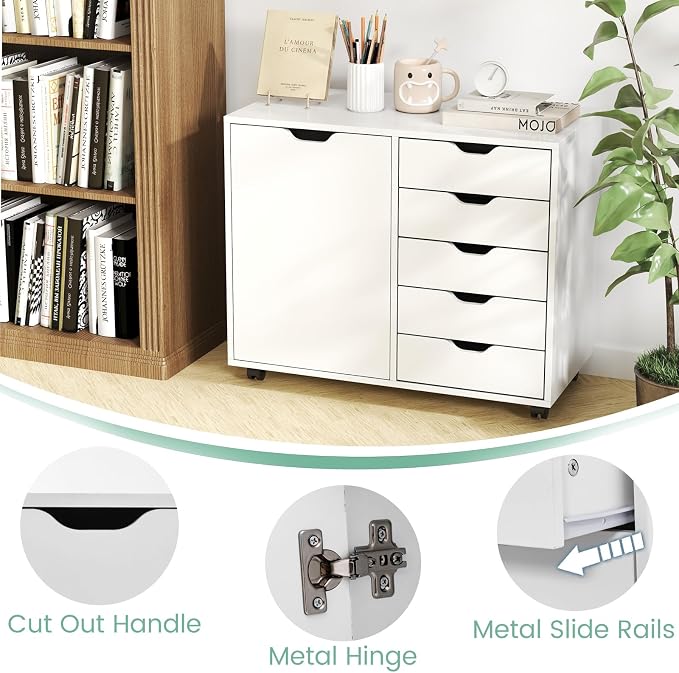Lateral File Cabinet, 5 Drawers Chest & 1 Side Cabinet, Rolling Storage Cabinet for Home Office, Versatile Filing Cabinet with Wheels, Mobile Printer Stand, Dresser for Bedroom, White