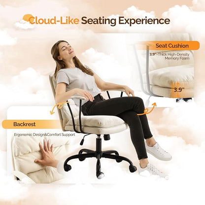 VINGLI Comfortable Office Desk Chairs with/No Wheels,Dual-Base,Removable Armrests,Adjustable Comfy Swivel Computer Task Nail Tech Chair for Office,Sewing,Makeup Vanity,Teen,Linen Fabric,Pale Yellow