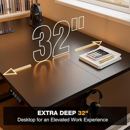 Grandder 63x32 Large Electric Standing Desk, Height Adjustable Computer Desk with 2 Memory Presets, 31.5" Deep Desktop Sit Stand Desk Home Office Desk Workstation Table with Hooks, Black