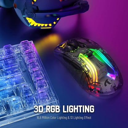 Wireless Gaming Mouse PC Transparent Shell Computer Mice with Dual Mode BT5.0/2.4G,PixArt Chip 3D RGB Lighting,Ergonomic 7 Buttons,Rechargeable Mute Mouse for PC Laptop Tablet PS4 PS5 Xbox one