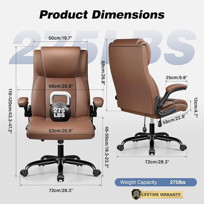 BESTFAIR Ergonomic Office Chair - Desk Computer Chair, Leather High Back Executive Chairs with Adjustable Lumbar Support & Flip Up Arms, Brown 2 Pack