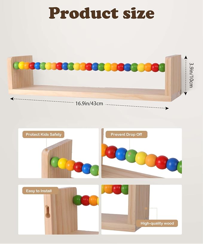 Nursery Book Shelves Wall Mounted Set of 4,Floating Book Shelves for Wall,Nursery Shelves for Bookshelf Wall,Kids Bookshelf (Five-Color Beads)