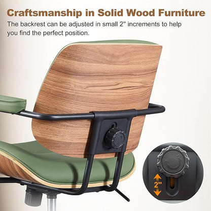 Mid Century Modern Office Chair with Adjustable Backrest, Wooden Desk Chair with Armrests, Swivel Height Adjustable Home Office Chair, Comfortable Task Chair for Home Office, Green