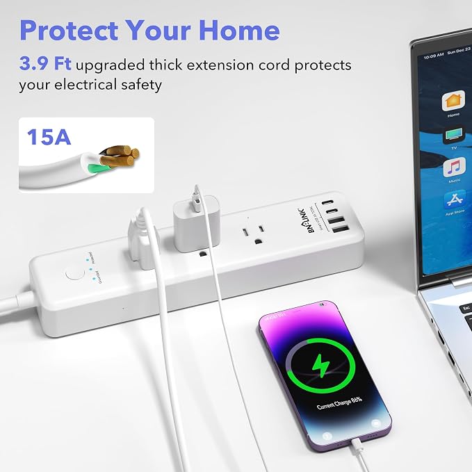BN-LINK Remote Control Power Strip with 3 Independent Outlets，4 USBs (incl. 20W USB-C), 3.9Ft Extension Cord, 15A/1875W Overload Protection, Wall Mount, for Home, Office, ETL Listed, 1200J