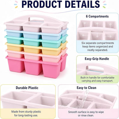 6 Pack Assorted Colors 6 Compartment Classroom Caddy with Handle Portable Plastic Storage Classroom Caddies Organizer for Classrooms Supply Teacher Office Table Desk(Pink Purple)