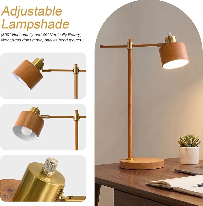 OYEARS 22.2" Mid Century Desk Lamp, Modern Metal Table Lamp with LED Bulb, Adjustable Reading Lamps, Industrial Task Lamp for Home Office, Farmhouse Bedside Lamps with Solid Base, Woodgrain