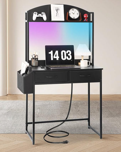 KATHY&BOB Small Home Office Study Desk - Freestanding Ladder Design with Fabric Drawers & Side Bag - Modern Vanity Makeup Desk - 2 Tier Shelf & Computer Gaming Station (Black, Arched)