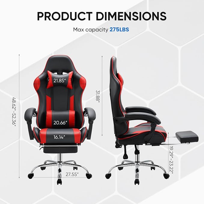 NEWBULIG Computer Gaming Desk Chair - High Back Ergonomic Lumbar Support with Footrest and Headrest, Comfy PU Leather Recliner with Linkage Armrest, Height Adjustable and 360° Swivel, Red