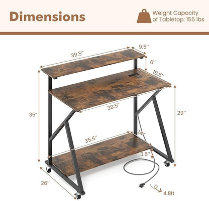 Giantex Rolling Computer Desk with Charging Station, Mobile Portable Laptop Desk with Monitor Stand & Storage Shelf, Small Desk with Lockable Wheels for Small Spaces, Home Office (Rustic Brown)