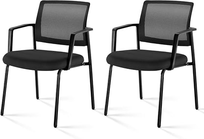 Mesh Back Stacking Arm Chairs, Office Reception Guest Chair with Upholstered Fabric Seat and Ergonomic Lumber Support, Sturdy Metal Office Chairs, Black-2pack